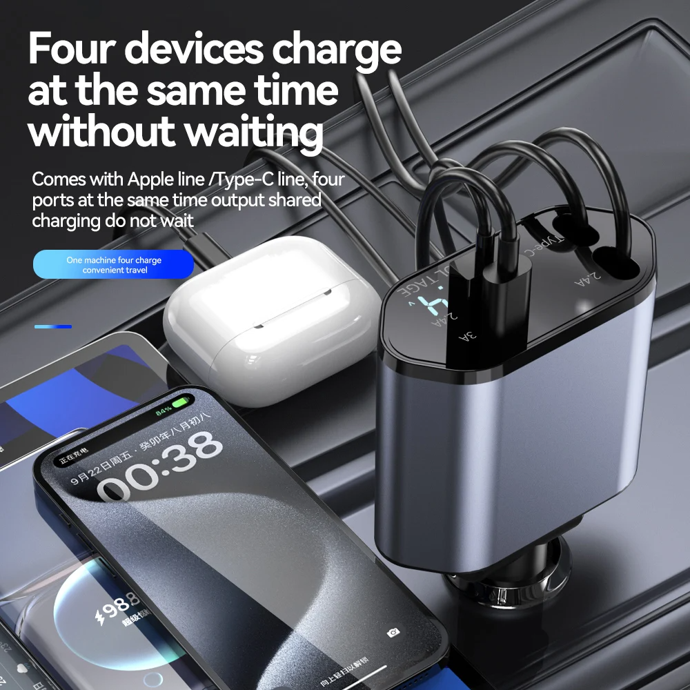 FlexCharge Max® Retractable Charger | 4 in 1 Retractable Car Phone Charger 120w Super Fast Charging